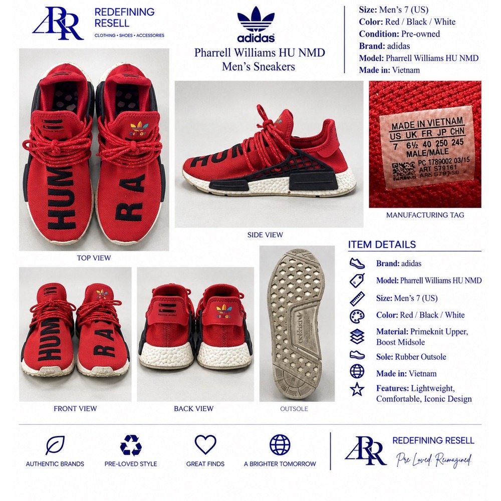 Adidas Pharrell Williams HU NMD Red Human Race Sneakers BB0616 Mens Size 7 US